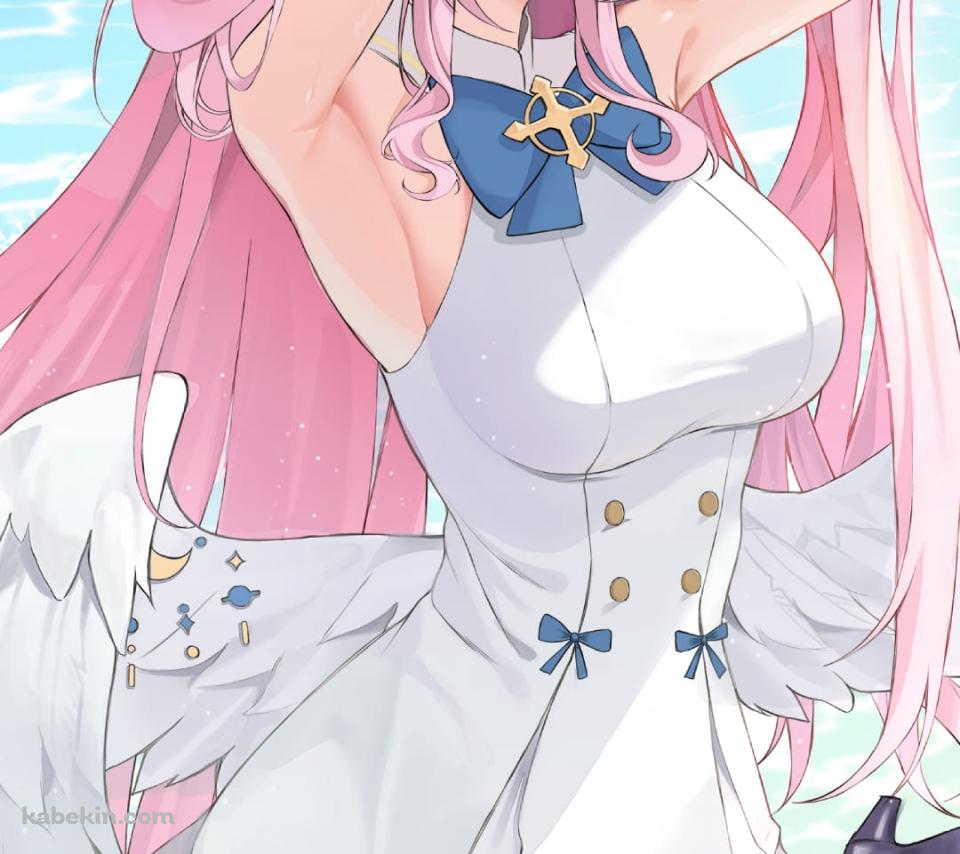 波打ち際に座り髪をかきあげる聖園ミカ / ブルアカ / ブルーアーカイブ / ファンアート / イラストのAndroidの壁紙(960px x 854px) スマホ用