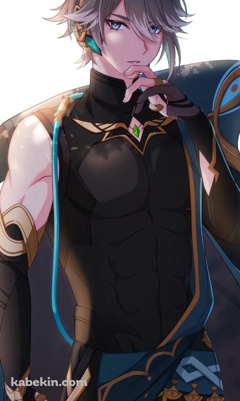 口元に指をあてこちらを見つめるアルハイゼン / 原神のAndroidの壁紙(480px x 800px) スマホ用