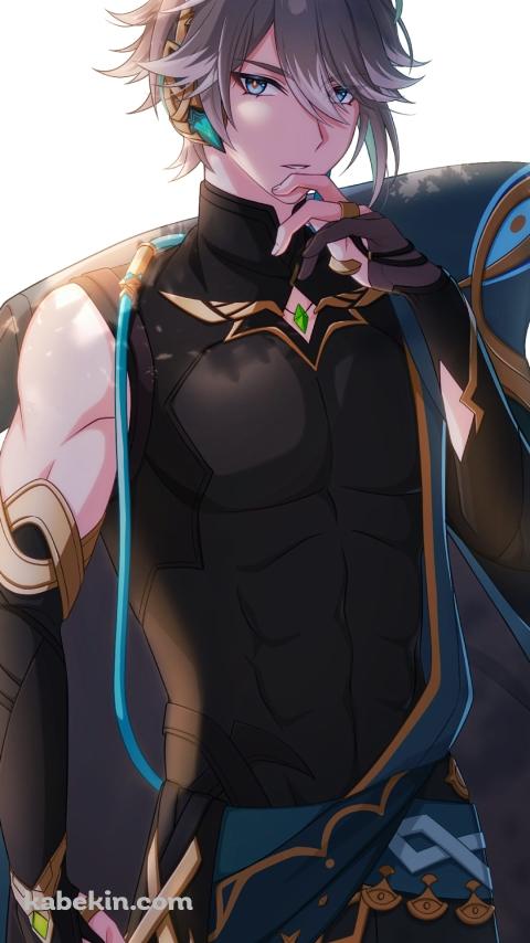 口元に指をあてこちらを見つめるアルハイゼン / 原神のAndroidの壁紙(480px x 854px) スマホ用