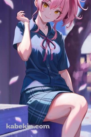 校門の前で待ち合わせをするかわいい聖園ミカ / 舞い散る桜 / ピンクの髪 / セーラー服 / ブルアカ / ブルーアーカイブ / ファンアート / イラストのAndroidの壁紙(320px x 480px) スマホ用