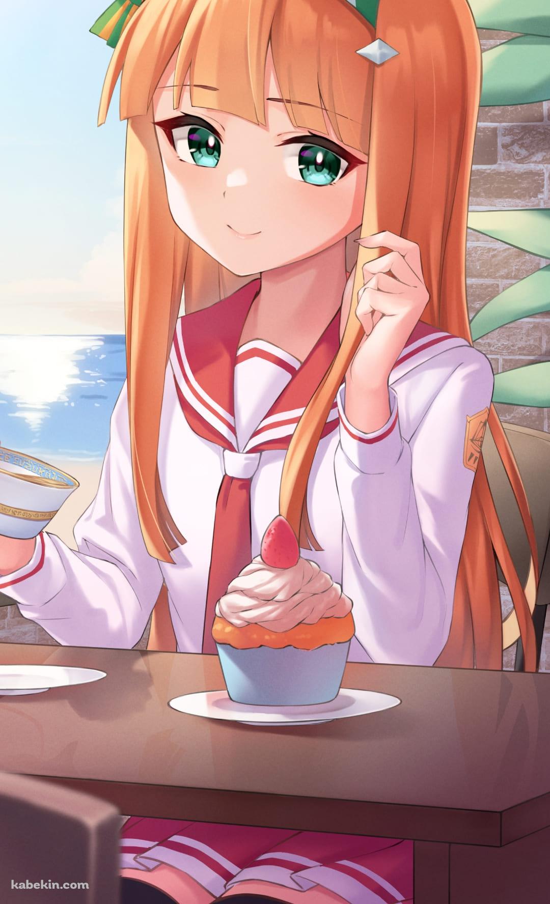 海辺のカフェで珈琲と苺のカップケーキを頼むサイレンススズカ / ウマ娘プリティーダービーのAndroidの壁紙(1080px x 1776px) スマホ用