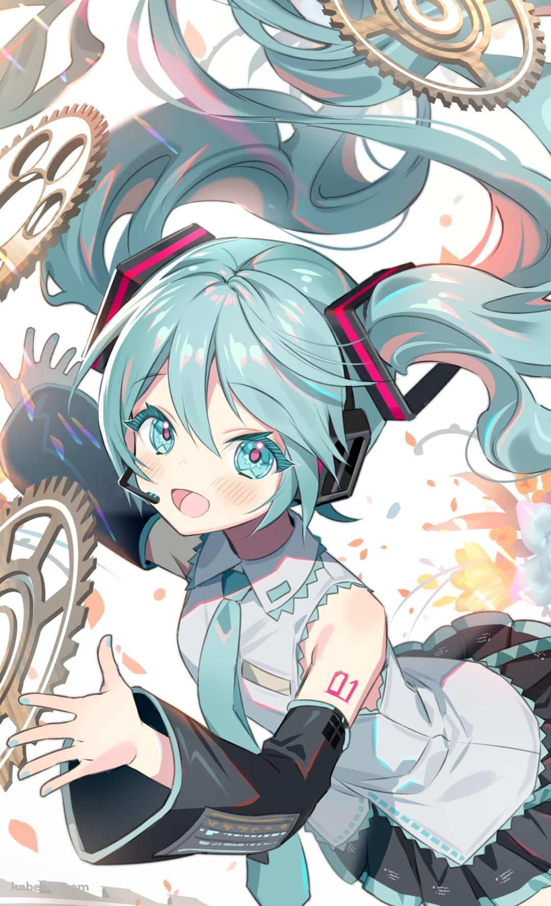 かわいい初音ミク / 歯車 / 青い花 / ボカロ / ボーカロイドのAndroidの壁紙(1080px x 1776px) スマホ用
