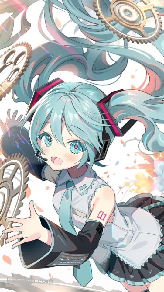 かわいい初音ミク / 歯車 / 青い花 / ボカロ / ボーカロイドのAndroidの壁紙(540px x 960px) スマホ用