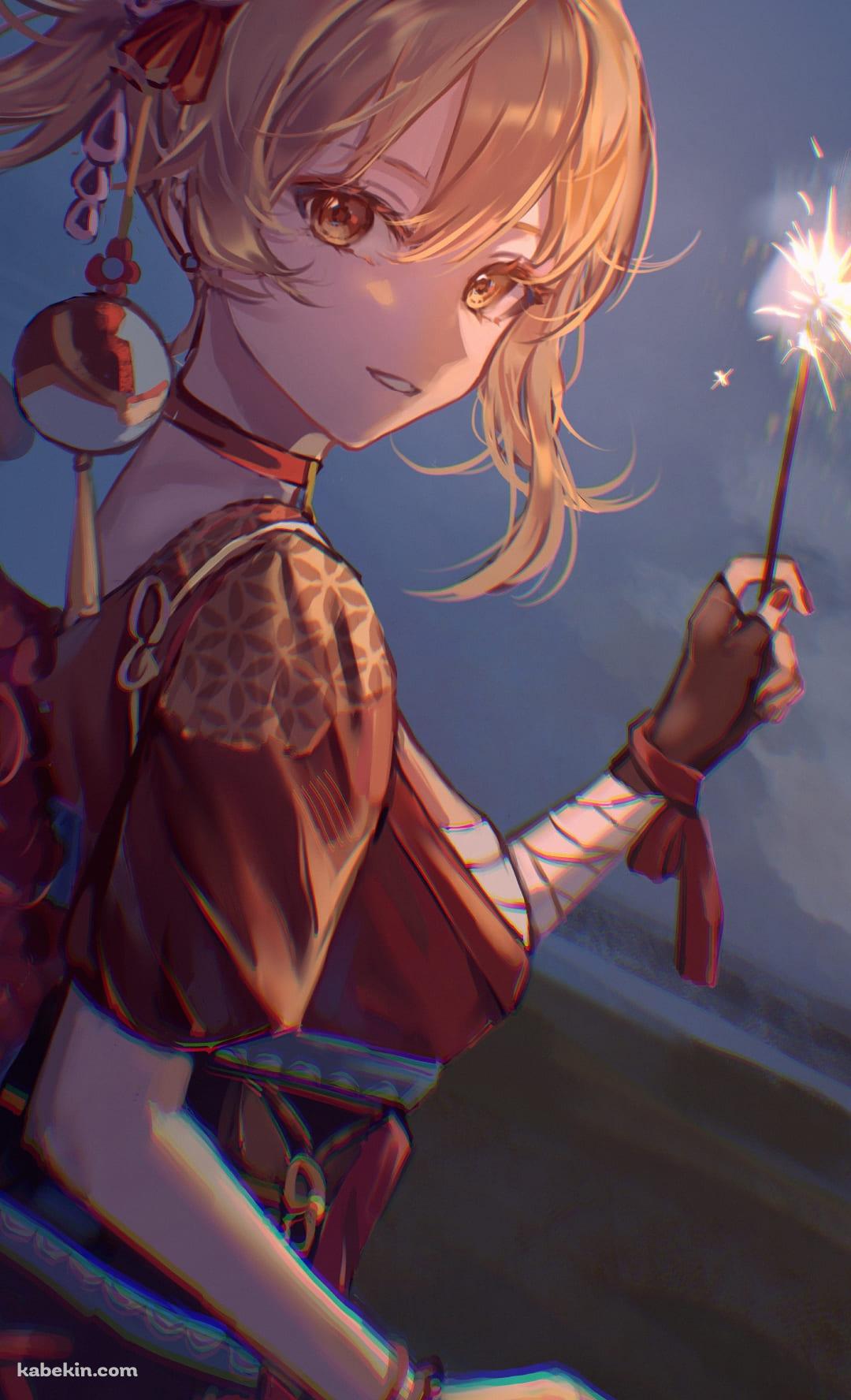 線香花火を持つ宵宮 / かわいい / 赤い衣装 / 砂浜 / 原神のAndroidの壁紙(1080px x 1776px) スマホ用