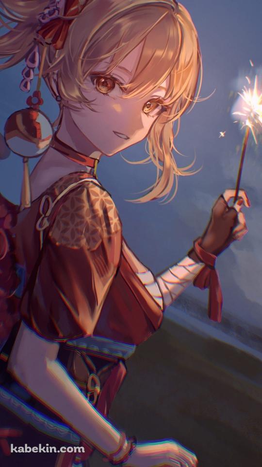 線香花火を持つ宵宮 / かわいい / 赤い衣装 / 砂浜 / 原神のAndroidの壁紙(540px x 960px) スマホ用