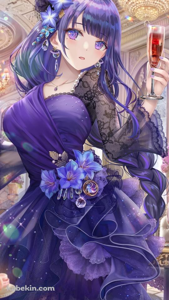 紫のドレスを着た雷電将軍 / 赤ワイン / ドレスアップ / マカロン / パーティー / シャンデリア / 原神のAndroidの壁紙(540px x 960px) スマホ用