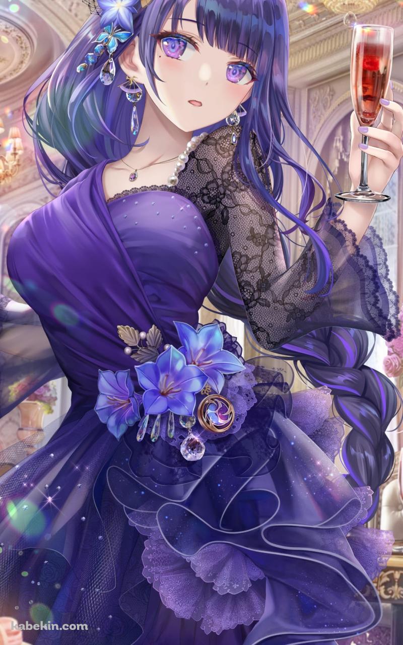 紫のドレスを着た雷電将軍 / 赤ワイン / ドレスアップ / マカロン / パーティー / シャンデリア / 原神のAndroidの壁紙(800px x 1280px) スマホ用