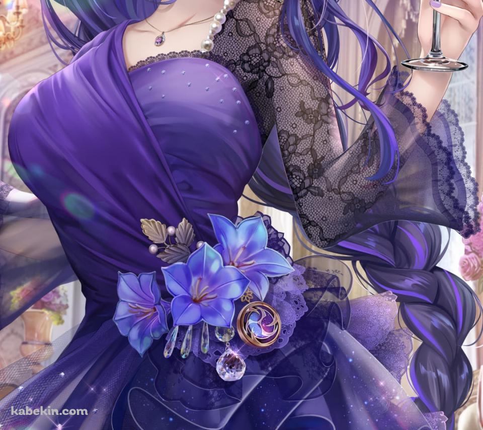 紫のドレスを着た雷電将軍 / 赤ワイン / ドレスアップ / マカロン / パーティー / シャンデリア / 原神のAndroidの壁紙(960px x 854px) スマホ用