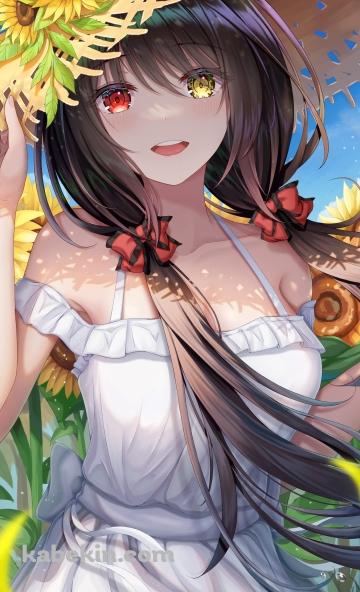 向日葵畑の中にいる時崎狂三 / 麦わら帽子 / かわいい / 夏 / デート・ア・ライブ / ファンアート / イラストのAndroidの壁紙(360px x 592px) スマホ用