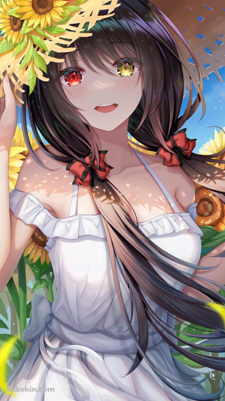 向日葵畑の中にいる時崎狂三 / 麦わら帽子 / かわいい / 夏 / デート・ア・ライブ / ファンアート / イラストのAndroidの壁紙(720px x 1280px) スマホ用