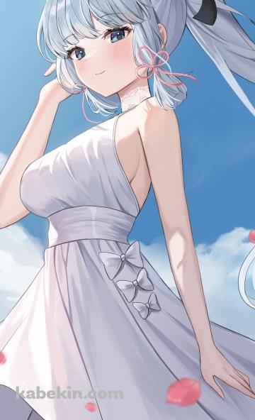 舞う桜の花びらと白いドレスを着た神里綾華 / 原神のAndroidの壁紙(360px x 592px) スマホ用