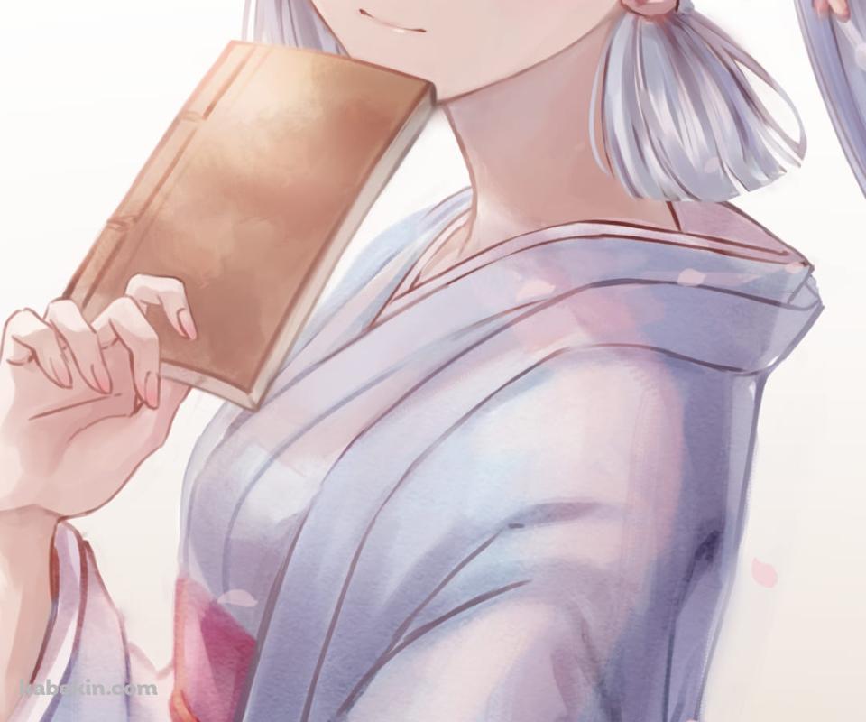 薄い本を口元にあてる神里綾華 / 桜 / 原神のAndroidの壁紙(960px x 800px) スマホ用