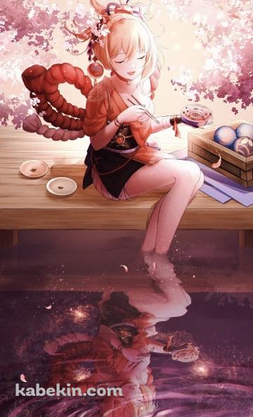 水に足を浸して食べ物を食べる宵宮 / 桜の花 / 赤い髪飾り / 波紋 / チョーカー / 原神のAndroidの壁紙(360px x 592px) スマホ用