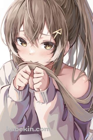髪を触ってモジモジするかわいい七詩ムメイ / ホロライブ / バーチャルYouTuber / ファンアート / イラストのAndroidの壁紙(320px x 480px) スマホ用