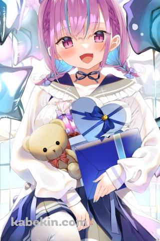 笑顔の湊あくあ / 星型のふうせん / クマのぬいぐるみ / ホロライブ / バーチャルYouTuber / ファンアート / イラストのAndroidの壁紙(320px x 480px) スマホ用