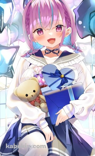 笑顔の湊あくあ / 星型のふうせん / クマのぬいぐるみ / ホロライブ / バーチャルYouTuber / ファンアート / イラストのAndroidの壁紙(360px x 592px) スマホ用