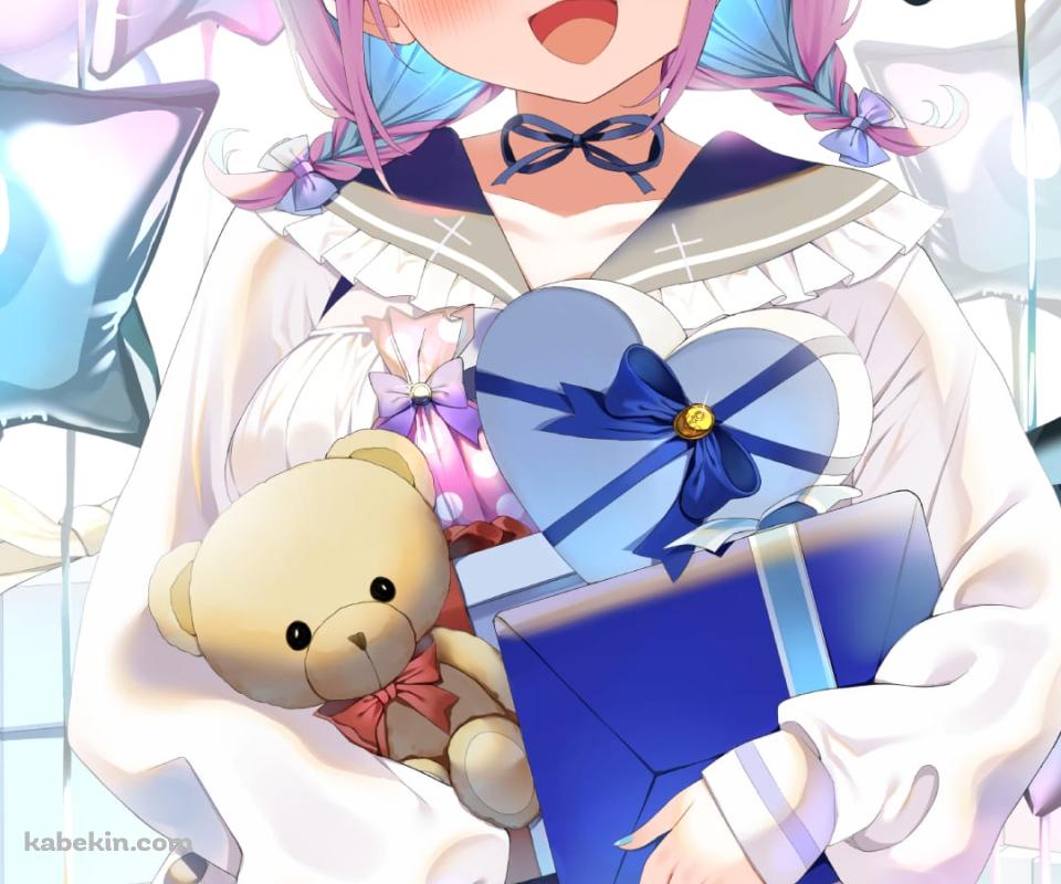 笑顔の湊あくあ / 星型のふうせん / クマのぬいぐるみ / ホロライブ / バーチャルYouTuber / ファンアート / イラストのAndroidの壁紙(960px x 800px) スマホ用