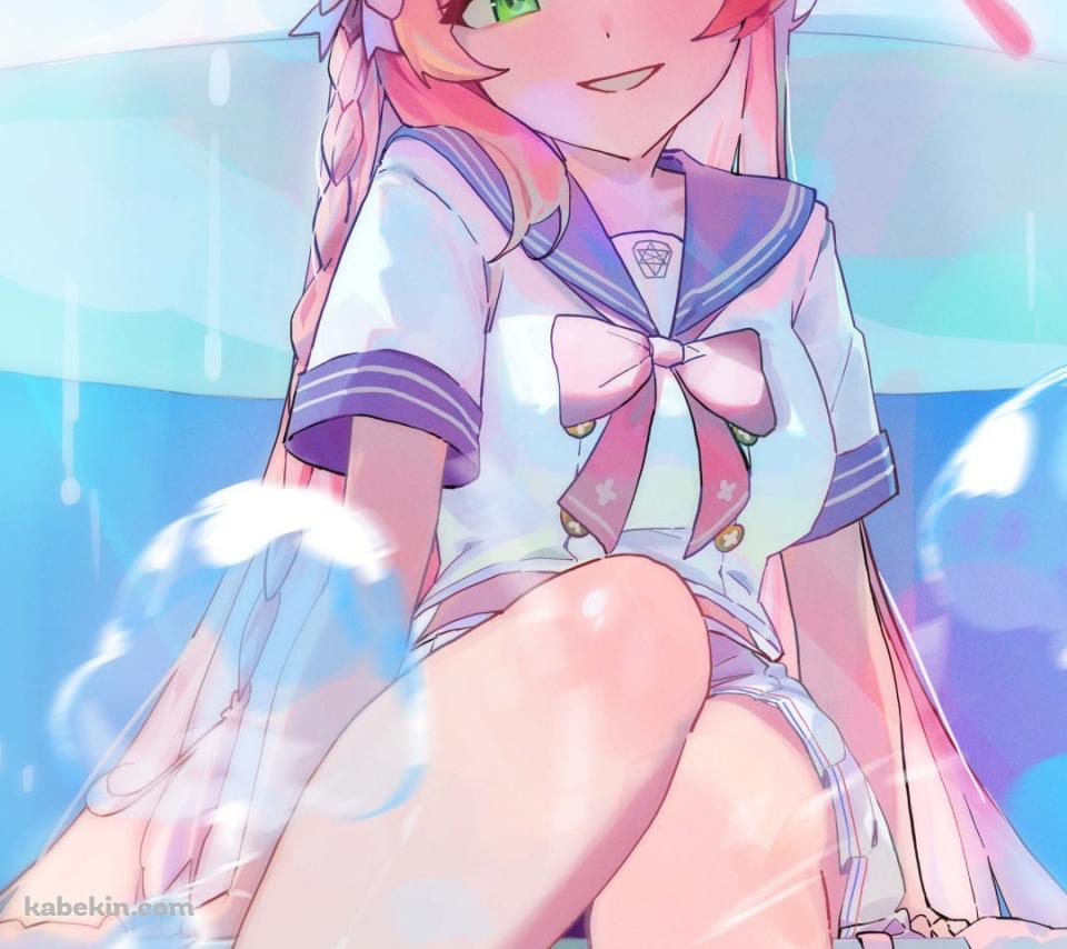 噴水の水に足を浸すかわいい浦和ハナコ / ブルアカ / ブルーアーカイブ / ファンアート / イラストのAndroidの壁紙(960px x 854px) スマホ用