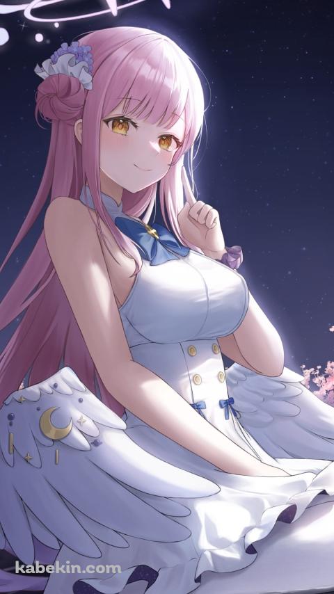 女の子座りをして左手の人差し指を立てる聖園ミカ / ブルアカ / ブルーアーカイブ / ファンアート / イラストのAndroidの壁紙(480px x 854px) スマホ用