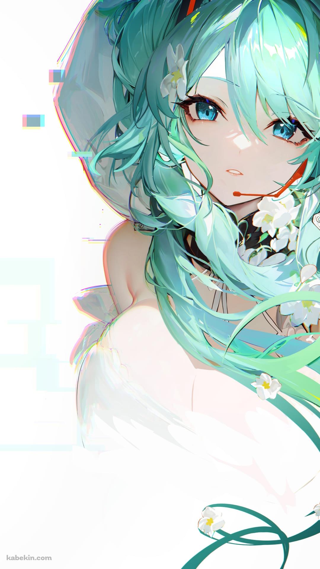 白い花の髪飾りとフードを被った綺麗な初音ミク / ボカロ / ボーカロイドのAndroidの壁紙(1080px x 1920px) スマホ用