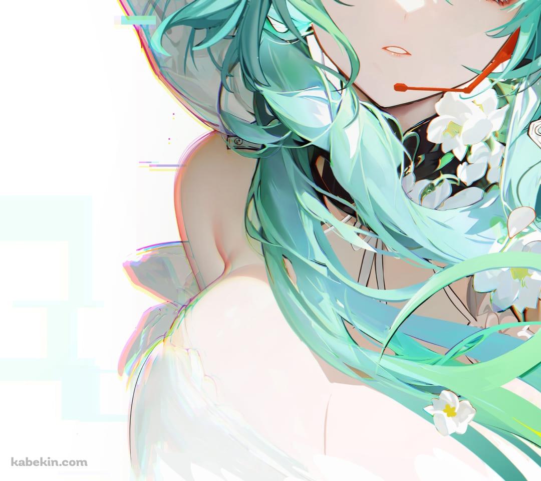 白い花の髪飾りとフードを被った綺麗な初音ミク / ボカロ / ボーカロイドのAndroidの壁紙(1080px x 960px) スマホ用