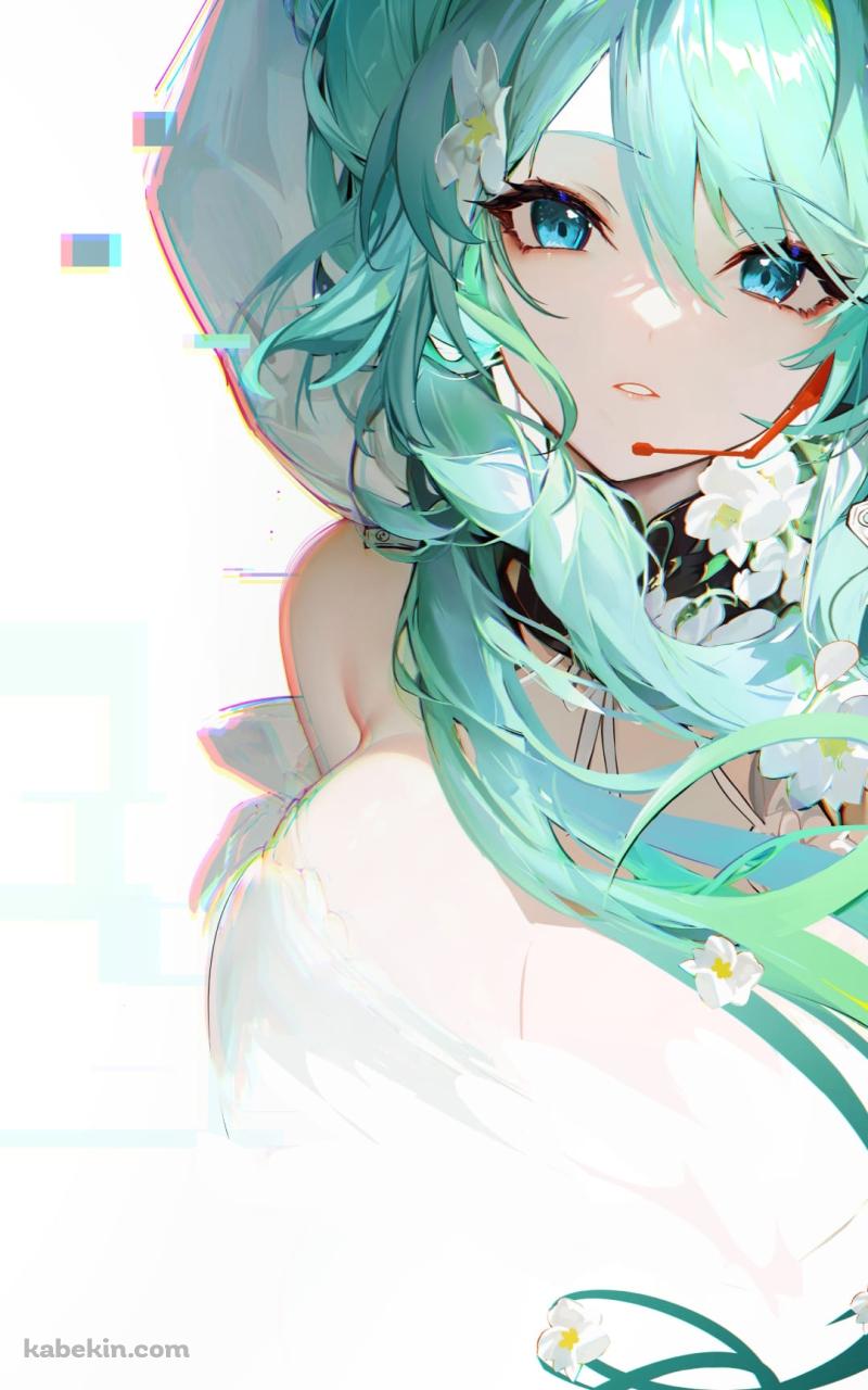 白い花の髪飾りとフードを被った綺麗な初音ミク / ボカロ / ボーカロイドのAndroidの壁紙(800px x 1280px) スマホ用