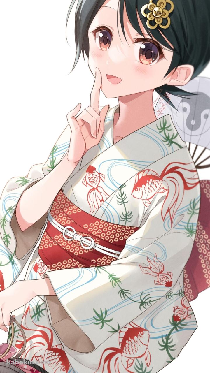 金魚の模様の白い浴衣を着たかわいい風浦可符香 / うちわ / 花の髪飾り / さよなら絶望先生のAndroidの壁紙(720px x 1280px) スマホ用
