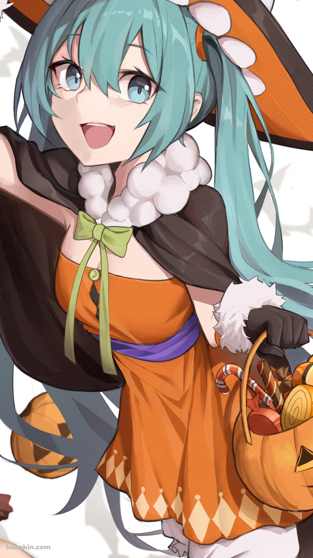 初音ミク / ハロウィン / 可愛い / パンプキン / ステッキ状の飴 / ボカロ / ボーカロイドのAndroidの壁紙(1080px x 1920px) スマホ用