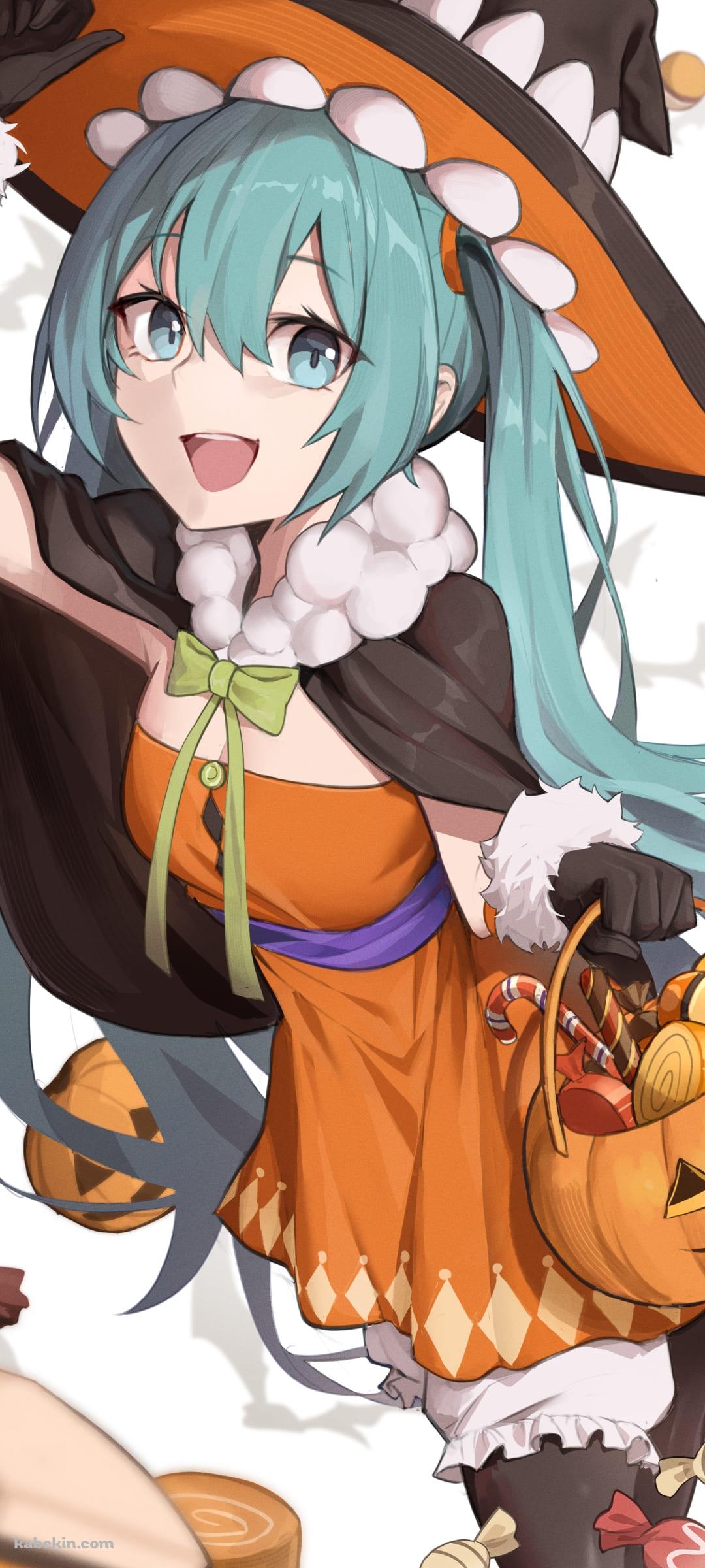 初音ミク / ハロウィン / 可愛い / パンプキン / ステッキ状の飴 / ボカロ / ボーカロイドのAndroidの壁紙(1080px x 2400px) スマホ用