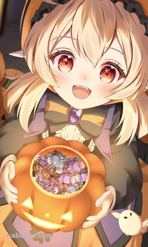 カボチャの器に入った飴を抱えた笑顔のクレー / 原神のAndroidの壁紙(480px x 800px) スマホ用