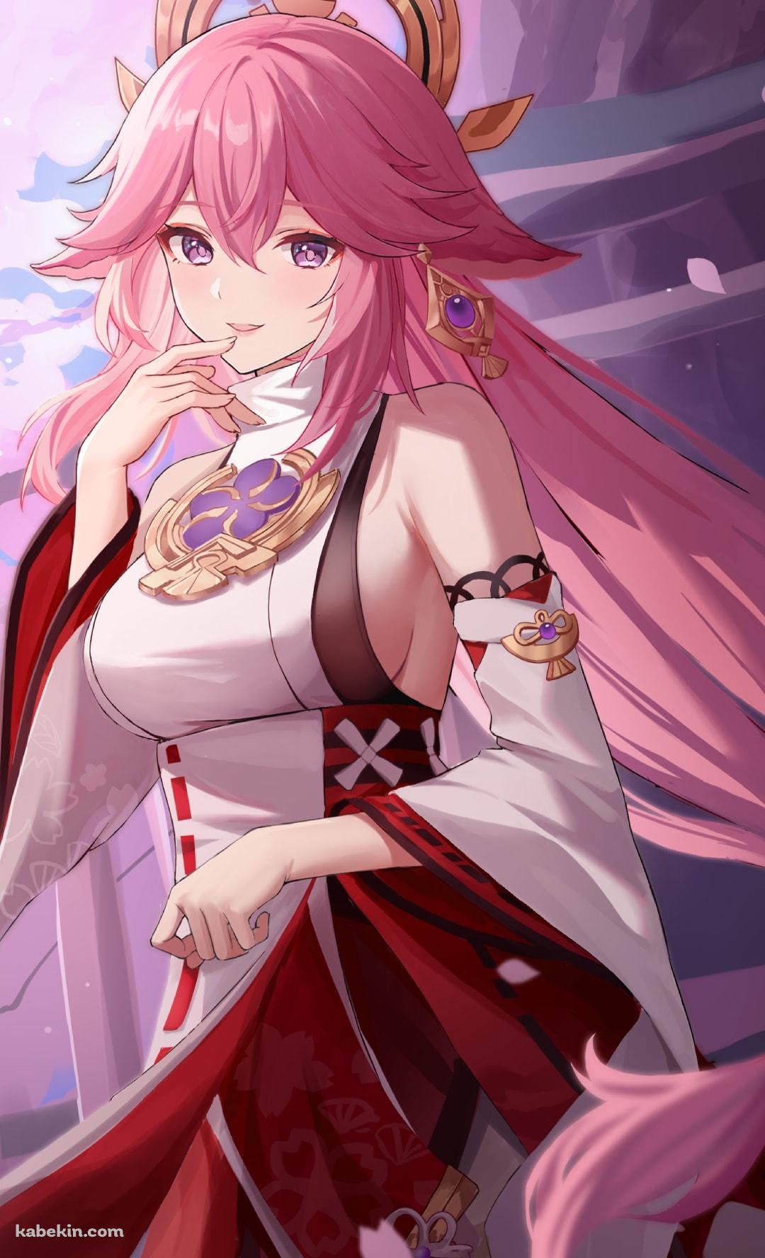 舞い散る桜と綺麗な八重神子 / 手摺り / 原神のAndroidの壁紙(1080px x 1776px) スマホ用