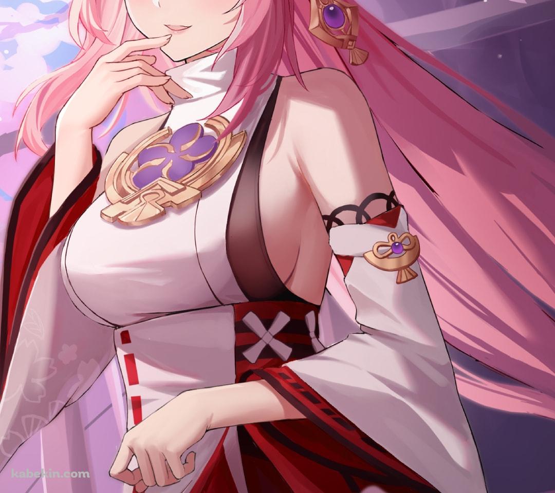 舞い散る桜と綺麗な八重神子 / 手摺り / 原神のAndroidの壁紙(1080px x 960px) スマホ用