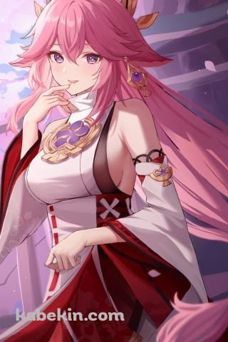舞い散る桜と綺麗な八重神子 / 手摺り / 原神のAndroidの壁紙(320px x 480px) スマホ用