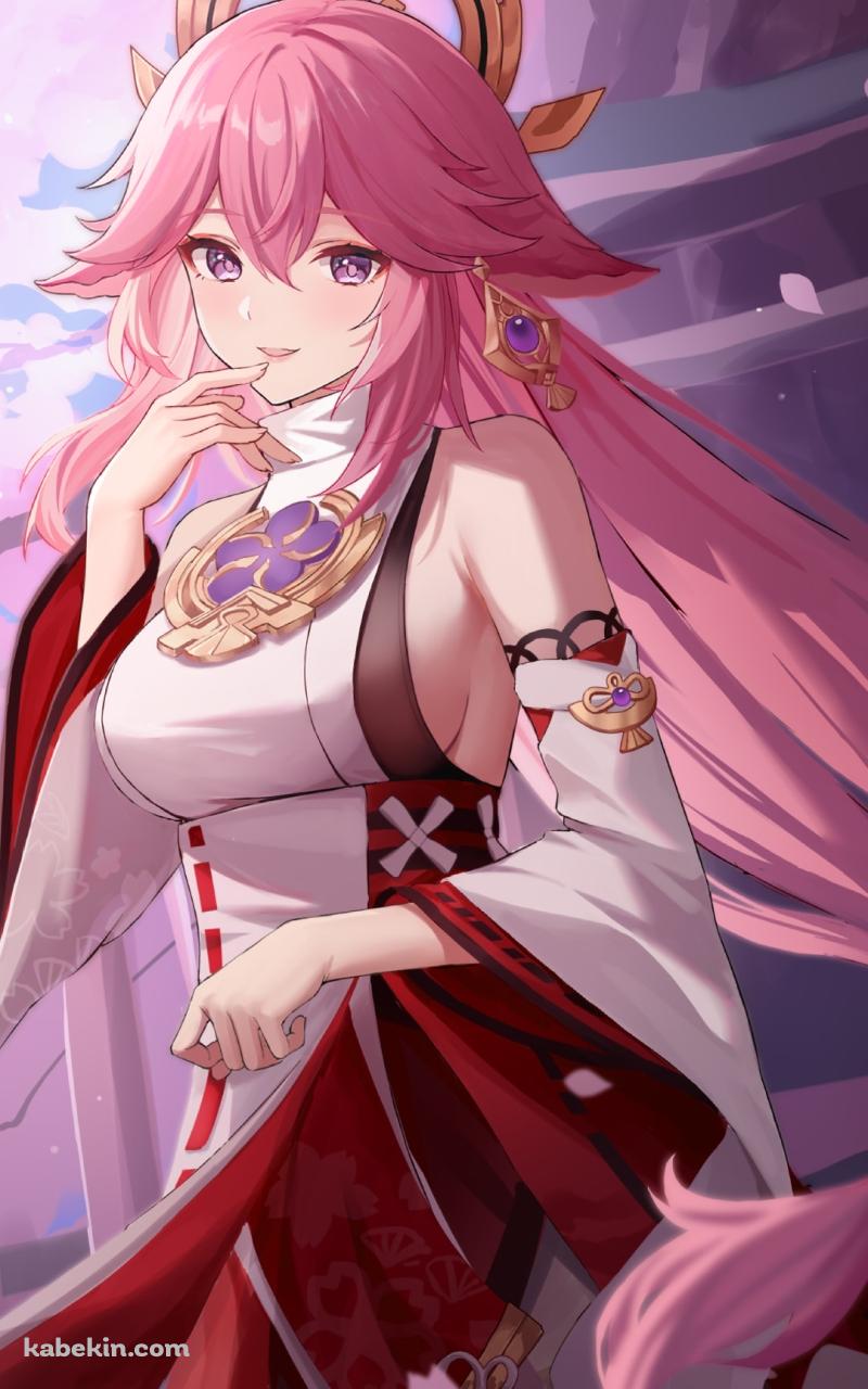 舞い散る桜と綺麗な八重神子 / 手摺り / 原神のAndroidの壁紙(800px x 1280px) スマホ用