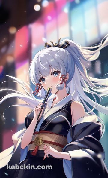 黒い着物を着て扇子を口元にあてる神里綾華 / 原神のAndroidの壁紙(360px x 592px) スマホ用