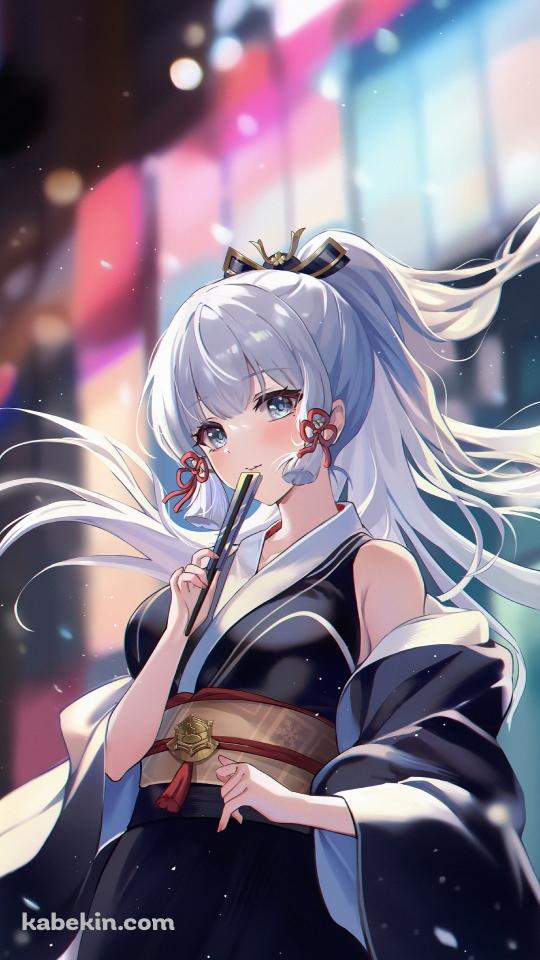 黒い着物を着て扇子を口元にあてる神里綾華 / 原神のAndroidの壁紙(540px x 960px) スマホ用