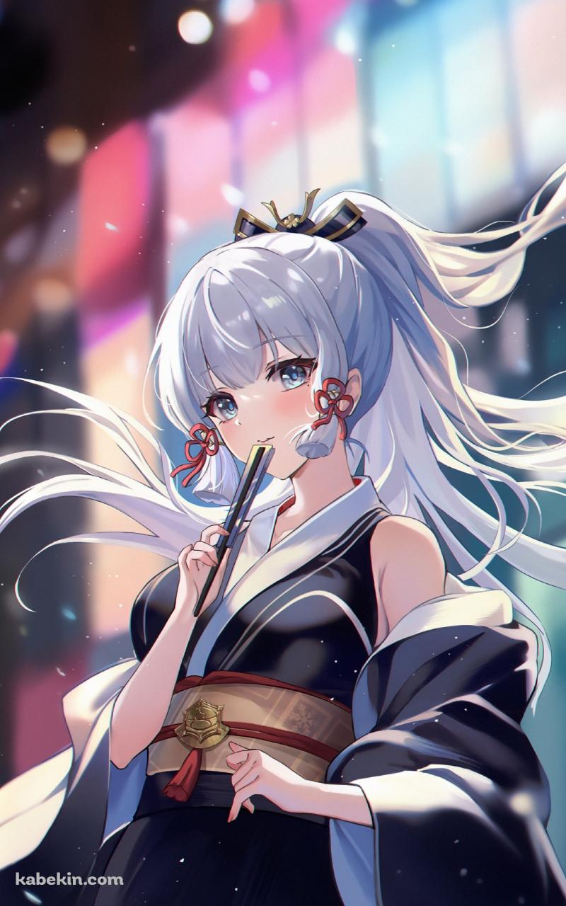黒い着物を着て扇子を口元にあてる神里綾華 / 原神のAndroidの壁紙(800px x 1280px) スマホ用