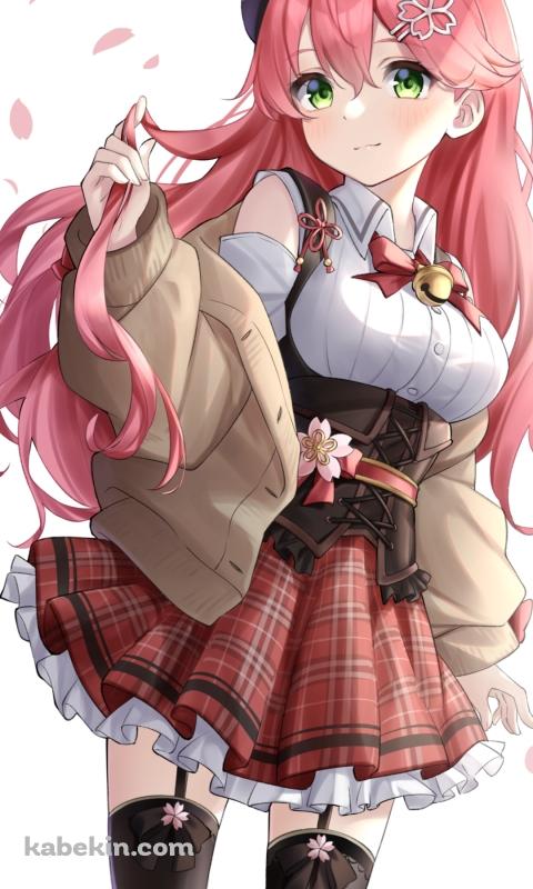 舞い散る桜と髪を持つかわいいさくらみこのAndroidの壁紙(480px x 800px) スマホ用