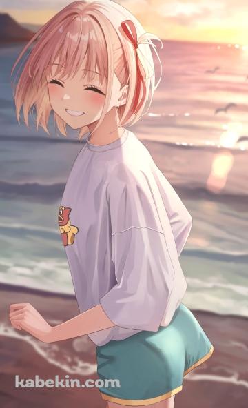 浜辺ではしゃぐ錦木千束(にしきぎちさと) / リコリス・リコイルのAndroidの壁紙(360px x 592px) スマホ用