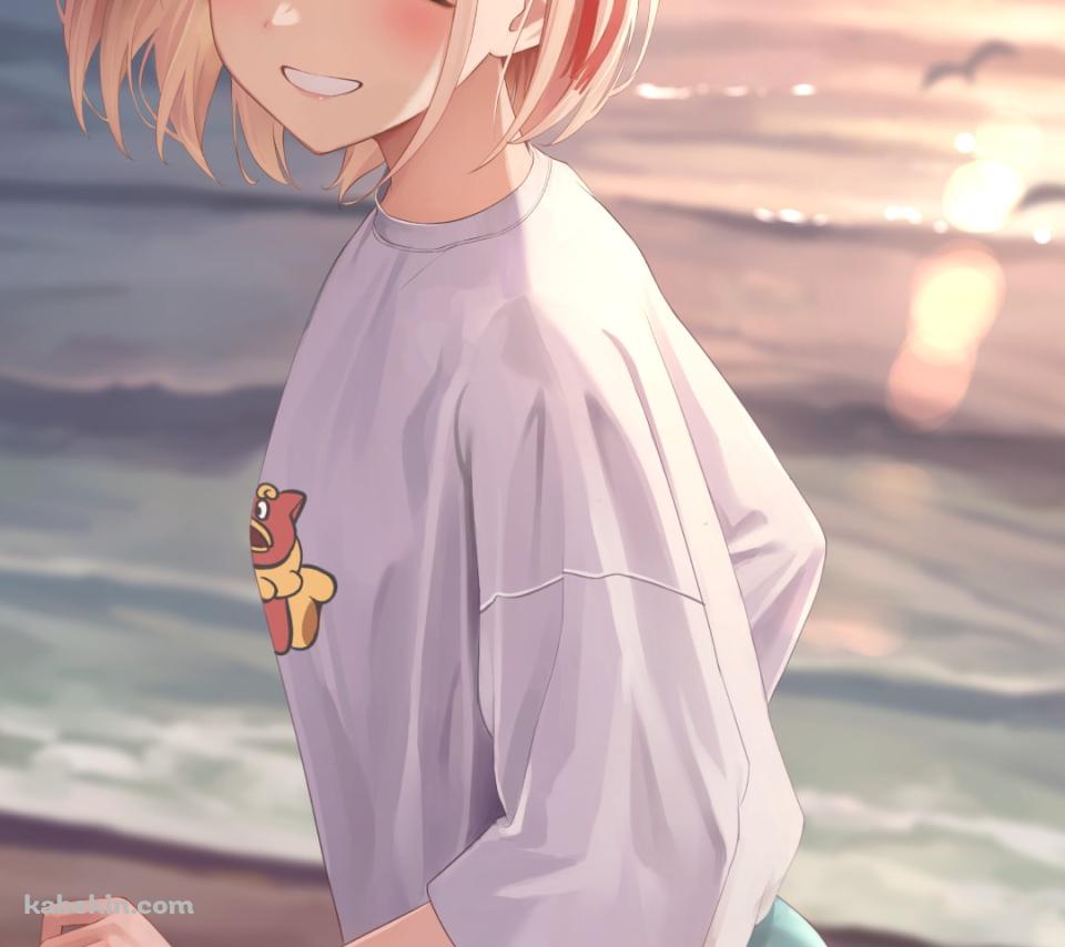 浜辺ではしゃぐ錦木千束(にしきぎちさと) / リコリス・リコイルのAndroidの壁紙(960px x 854px) スマホ用