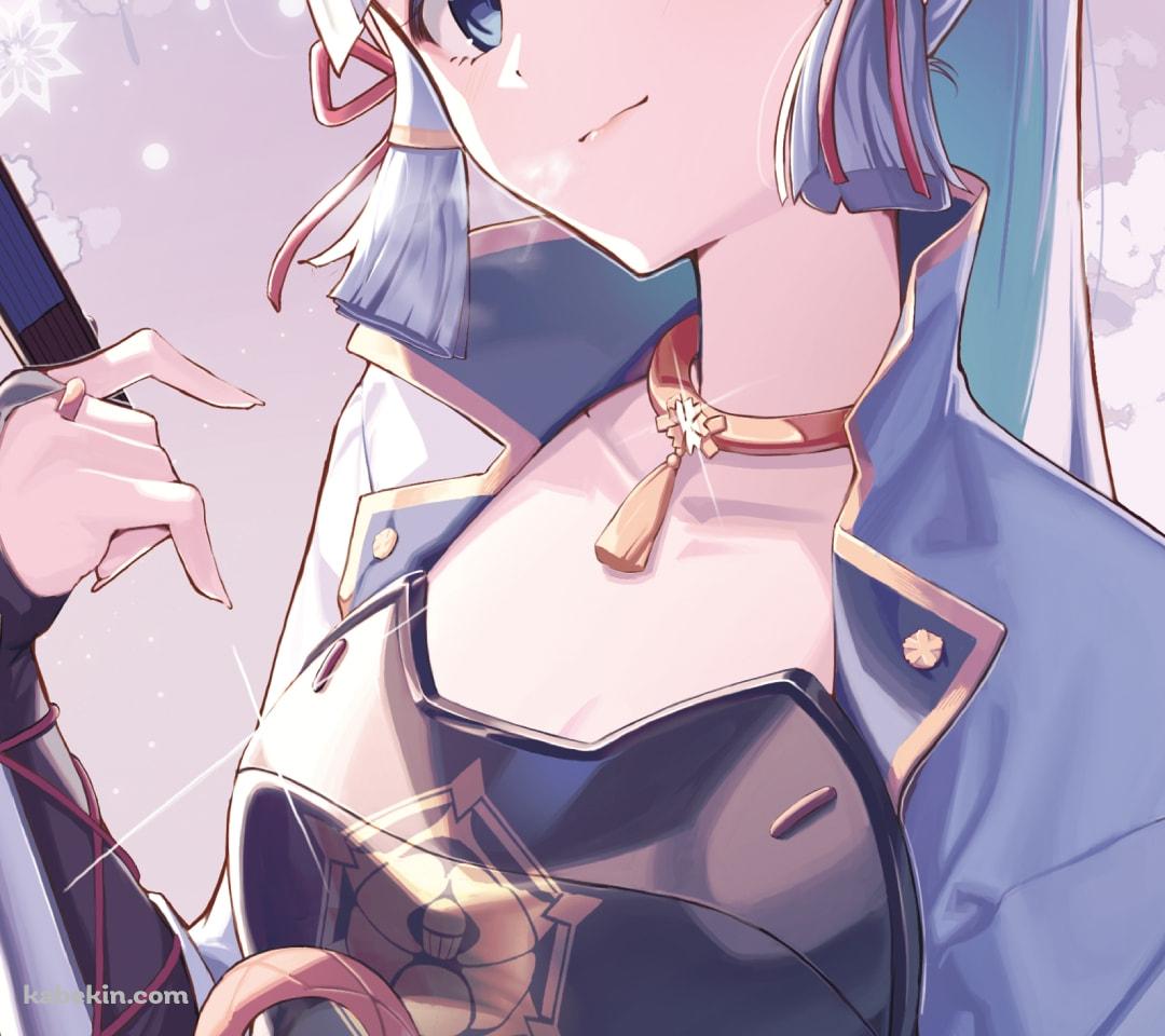 扇子を持ち首を傾けてこちらを見る神里綾華 / 原神のAndroidの壁紙(1080px x 960px) スマホ用