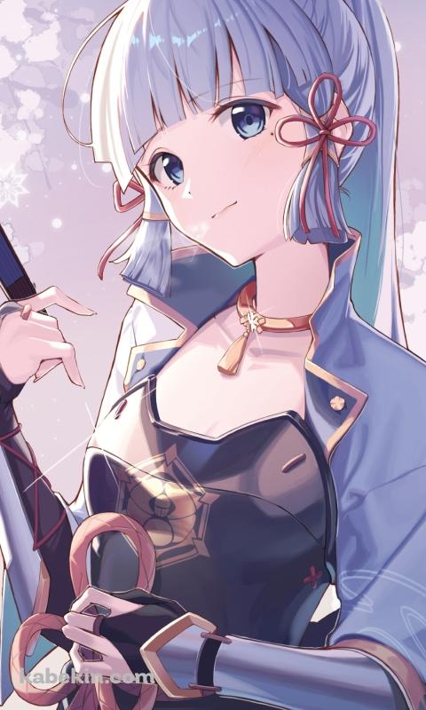扇子を持ち首を傾けてこちらを見る神里綾華 / 原神のAndroidの壁紙(480px x 800px) スマホ用