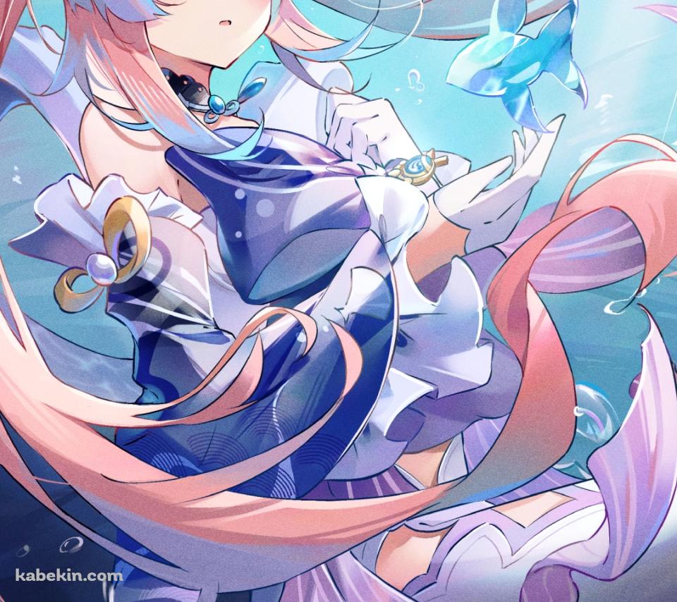 水中のかわいい珊瑚宮心海 / 魚 / クラゲ / 原神のAndroidの壁紙(960px x 854px) スマホ用