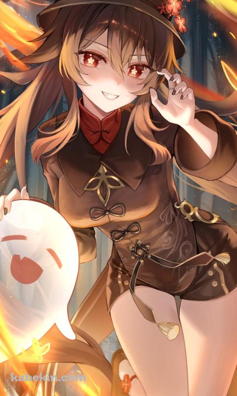 めちゃくちゃ可愛い胡桃とお化け / 襲いかかるポーズ / 桜 / 原神のAndroidの壁紙(480px x 800px) スマホ用