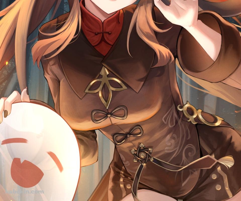 めちゃくちゃ可愛い胡桃とお化け / 襲いかかるポーズ / 桜 / 原神のAndroidの壁紙(960px x 800px) スマホ用