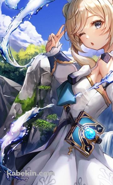振り向いてピースをするバーバラ / 舞い散る水滴 / 原神のAndroidの壁紙(360px x 592px) スマホ用