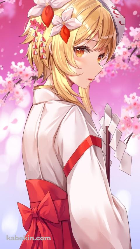 巫女姿で振り返る蛍 / お祓い棒 / 狐のお面 / 原神のAndroidの壁紙(480px x 854px) スマホ用
