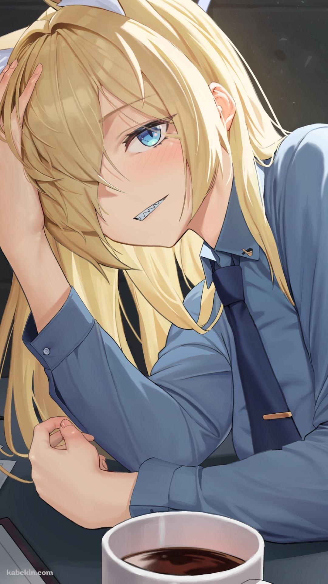 苦笑いしてこちらを見る尾刃カンナ / 珈琲 / 資料 / ブルアカ / ブルーアーカイブ / ファンアート / イラストのAndroidの壁紙(1080px x 1920px) スマホ用