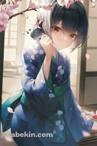 縁側で桜を見る花柄模様の青い着物を着た杜野凛世(もりのりんぜ) / アイドルマスターシャイニーカラーズのAndroidの壁紙(320px x 480px) スマホ用