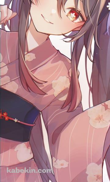 花柄模様のピンクの浴衣を着たかわいい胡桃 / 原神のAndroidの壁紙(360px x 592px) スマホ用